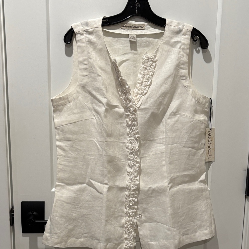 David Brooks Linen Cream Ruffled Sleeveless Blouse